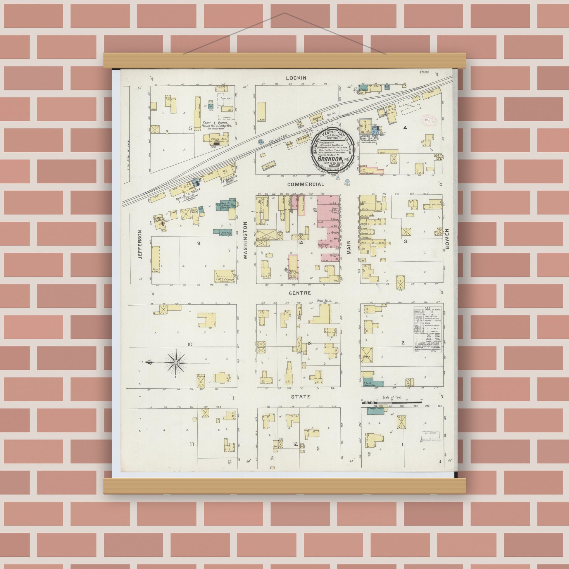 Old map wall art mockup — magnetic wood frame on brick wall — Sanborn Fire Insurance Map from Brandon, Fond du Lac County, Wisconsin (1894), Sheet #0001