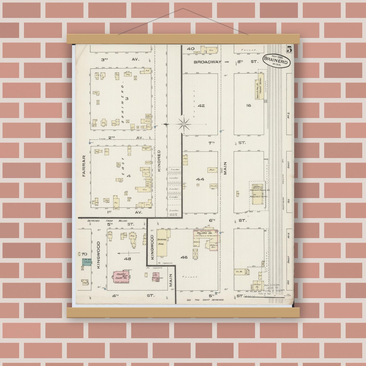 Old map wall art mockup — magnetic wood frame on brick wall — Sanborn Fire Insurance Map from Brainerd, Crow Wing County, Minnesota (1885), Sheet #0005