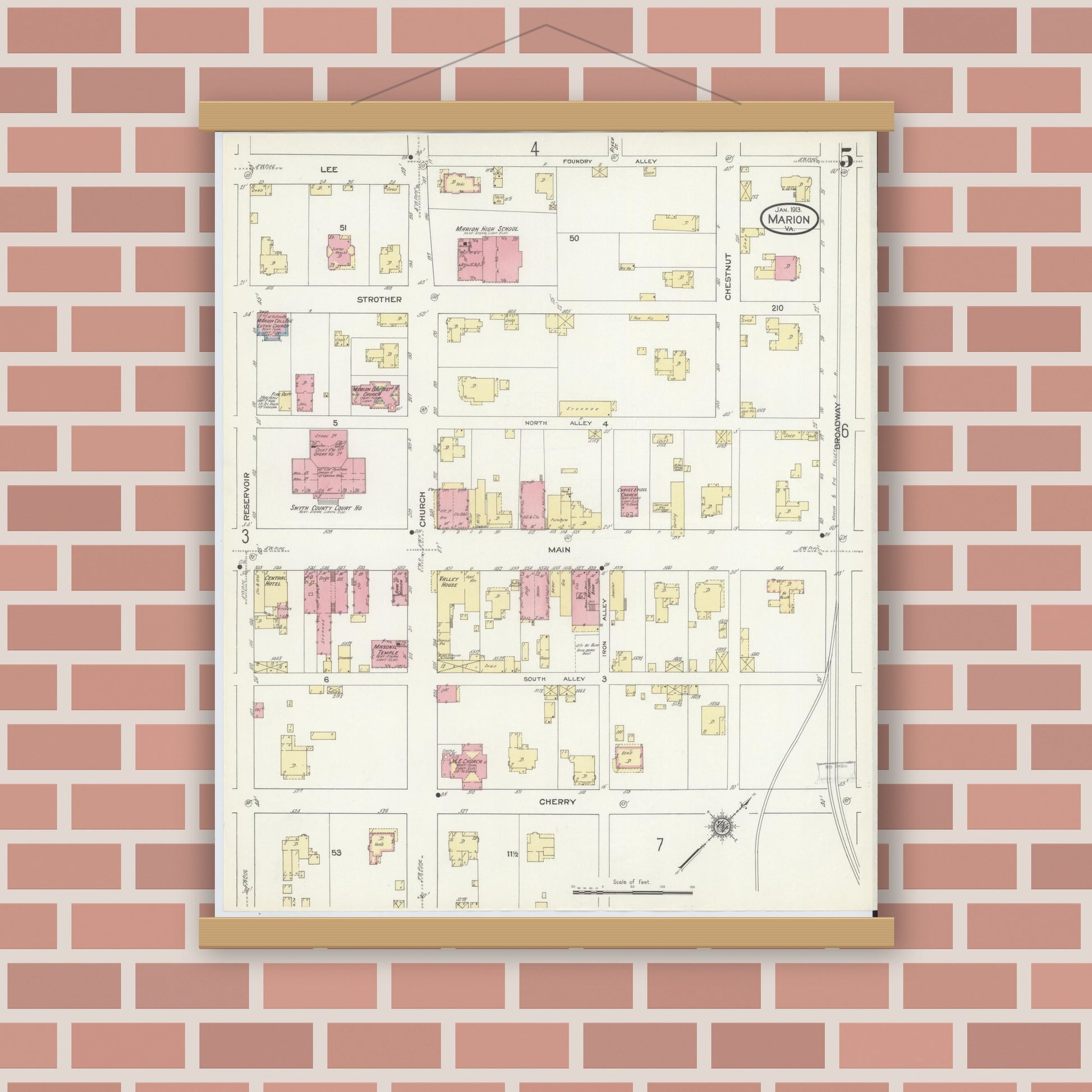 Old map wall art mockup — magnetic wood frame on brick wall — Sanborn Fire Insurance Map from Marion, Smyth County, Virginia (1913), Sheet #0005