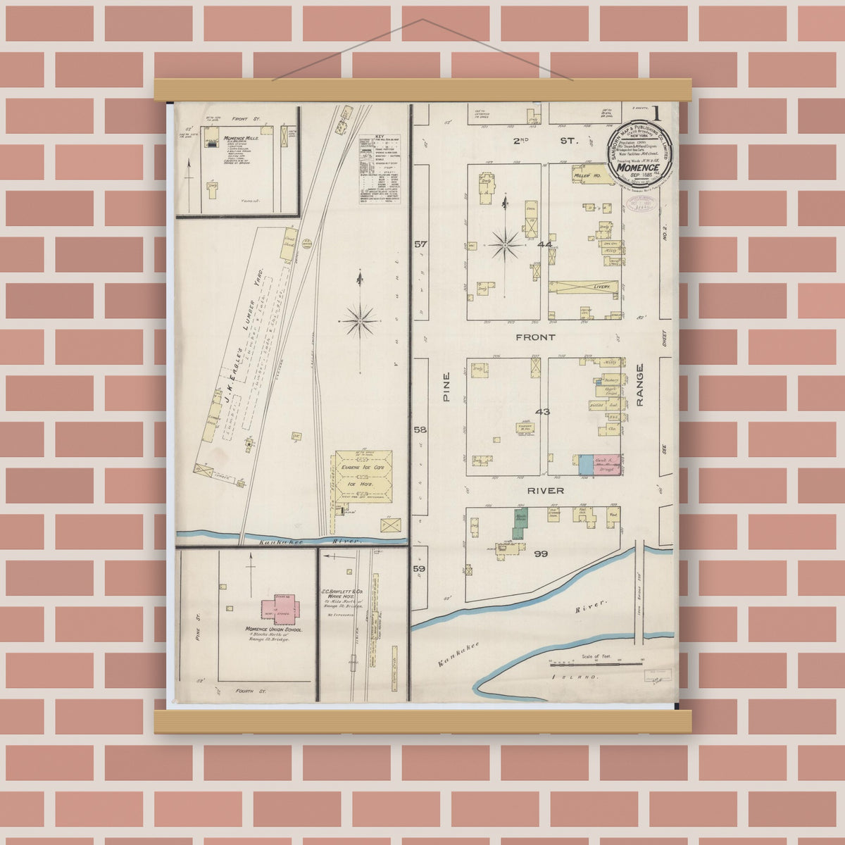 Old map wall art mockup — magnetic wood frame on brick wall — Sanborn Fire Insurance Map from Momence, Kankakee County, Illinois (1885) - Complete Map Set