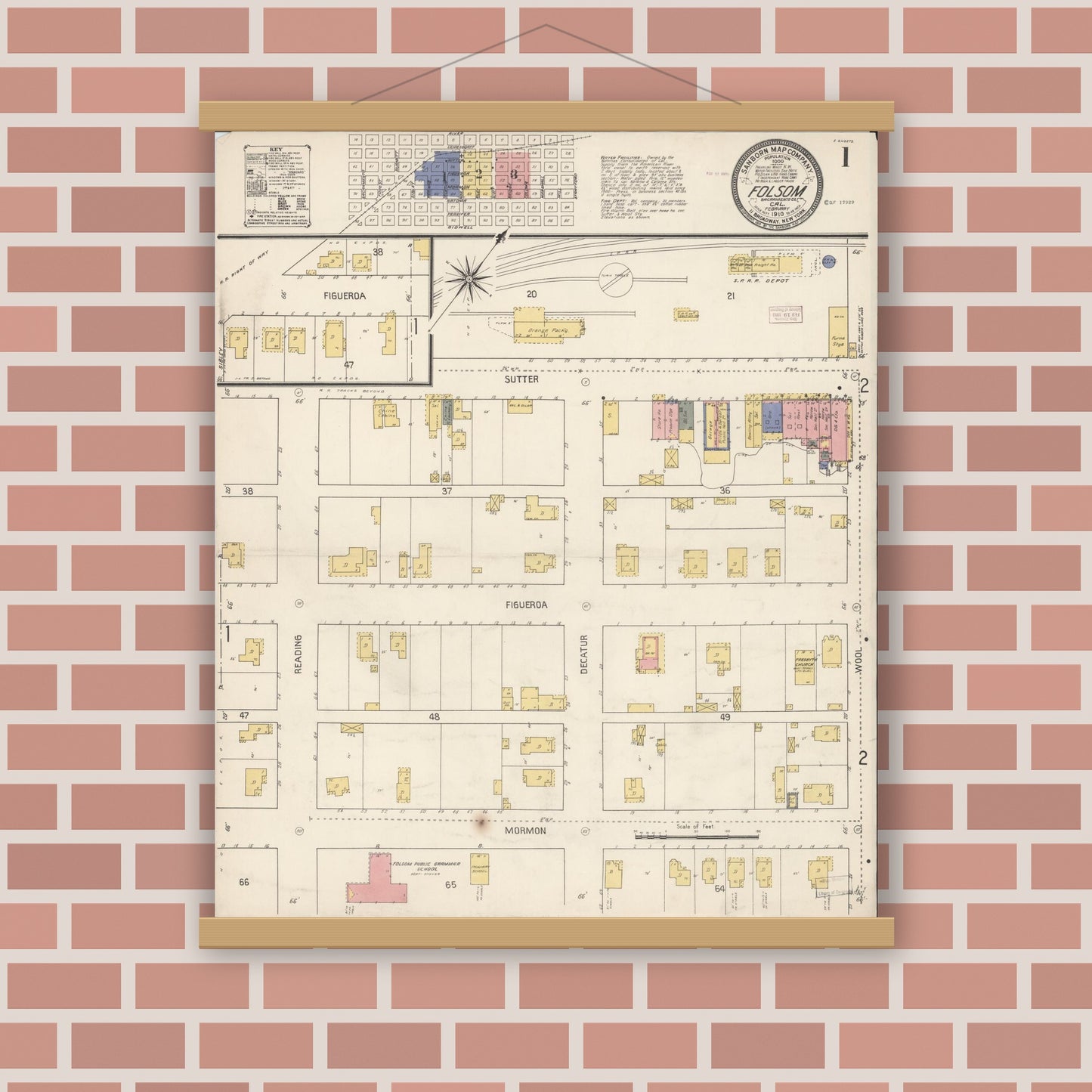 Old map wall art mockup — magnetic wood frame on brick wall — Sanborn Fire Insurance Map from Folsom, Sacramento County, California (1910) - Complete Map Set