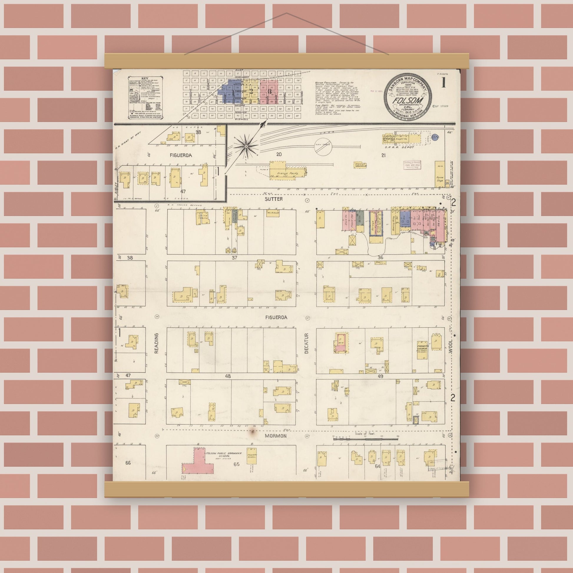 Old map wall art mockup — magnetic wood frame on brick wall — Sanborn Fire Insurance Map from Folsom, Sacramento County, California (1910) - Complete Map Set