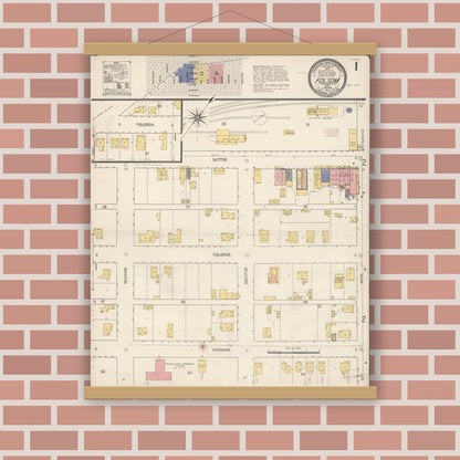 Old map wall art mockup — magnetic wood frame on brick wall — Sanborn Fire Insurance Map from Folsom, Sacramento County, California (1910) - Complete Map Set