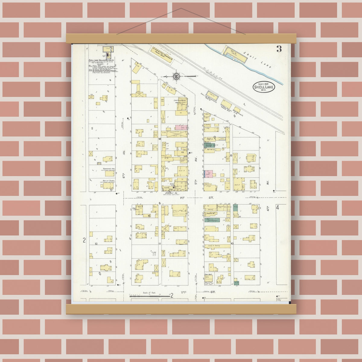 Old map wall art mockup — magnetic wood frame on brick wall — Sanborn Fire Insurance Map from Shell Lake, Washburn County, Wisconsin (1909), Sheet #0003