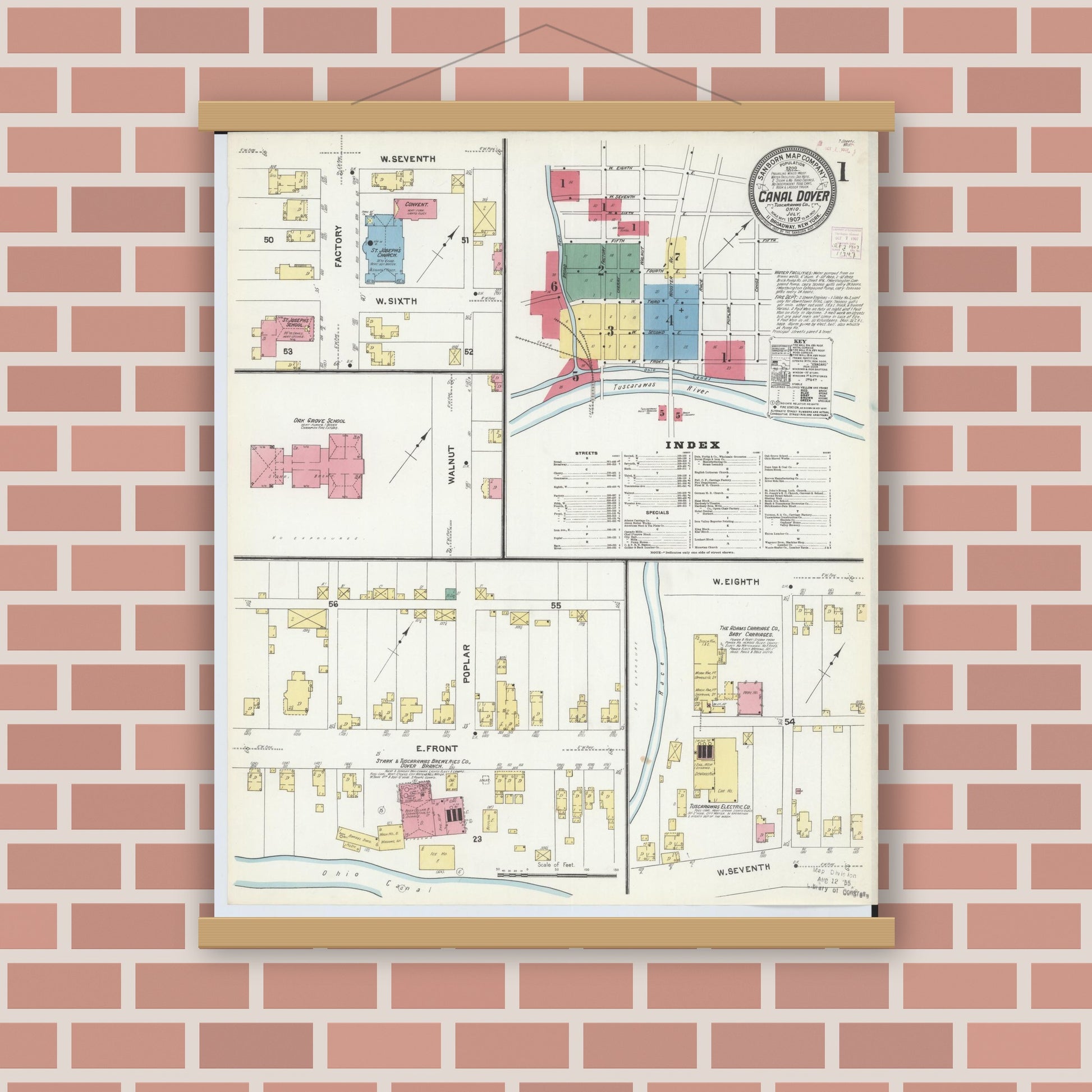 Old map wall art mockup — magnetic wood frame on brick wall — Sanborn Fire Insurance Map from Canal Dover, Tuscarawas County, Ohio (1907), Sheet #0001