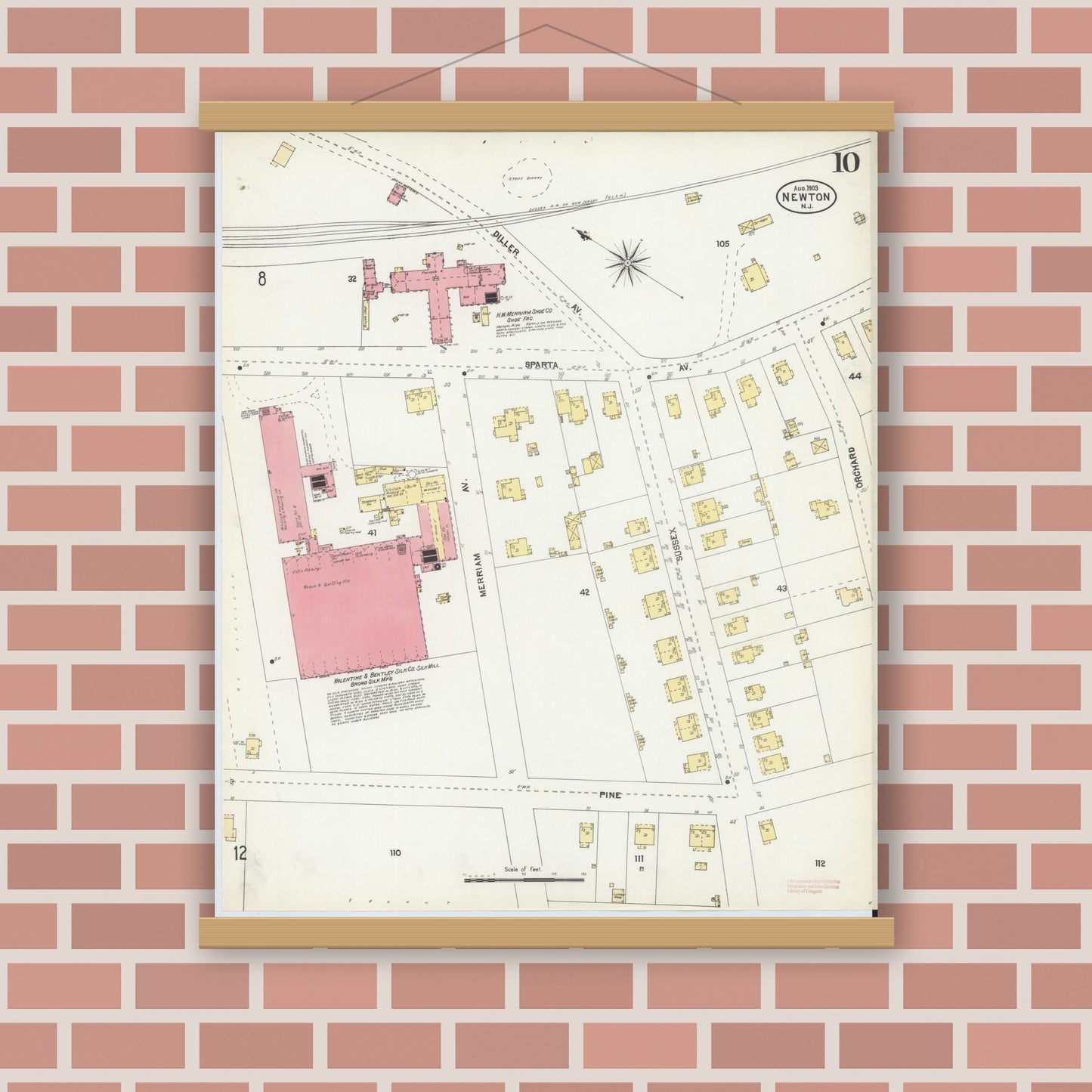 Old map wall art mockup — magnetic wood frame on brick wall — Sanborn Fire Insurance Map from Newton, Sussex County, New Jersey (1903), Sheet #0010