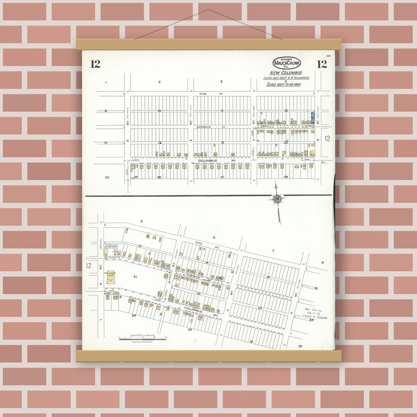 Old map wall art mockup — magnetic wood frame on brick wall — Sanborn Fire Insurance Map from Mauch Chunk, Carbon County, Pennsylvania (1923), Sheet #0012