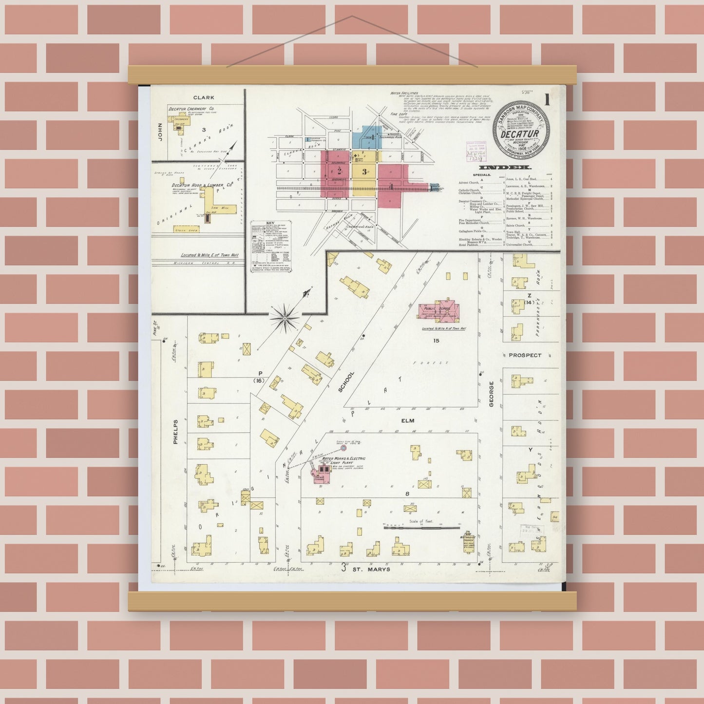 Old map wall art mockup — magnetic wood frame on brick wall — Sanborn Fire Insurance Map from Decatur, Van Buren County, Michigan (1908), Sheet #0001