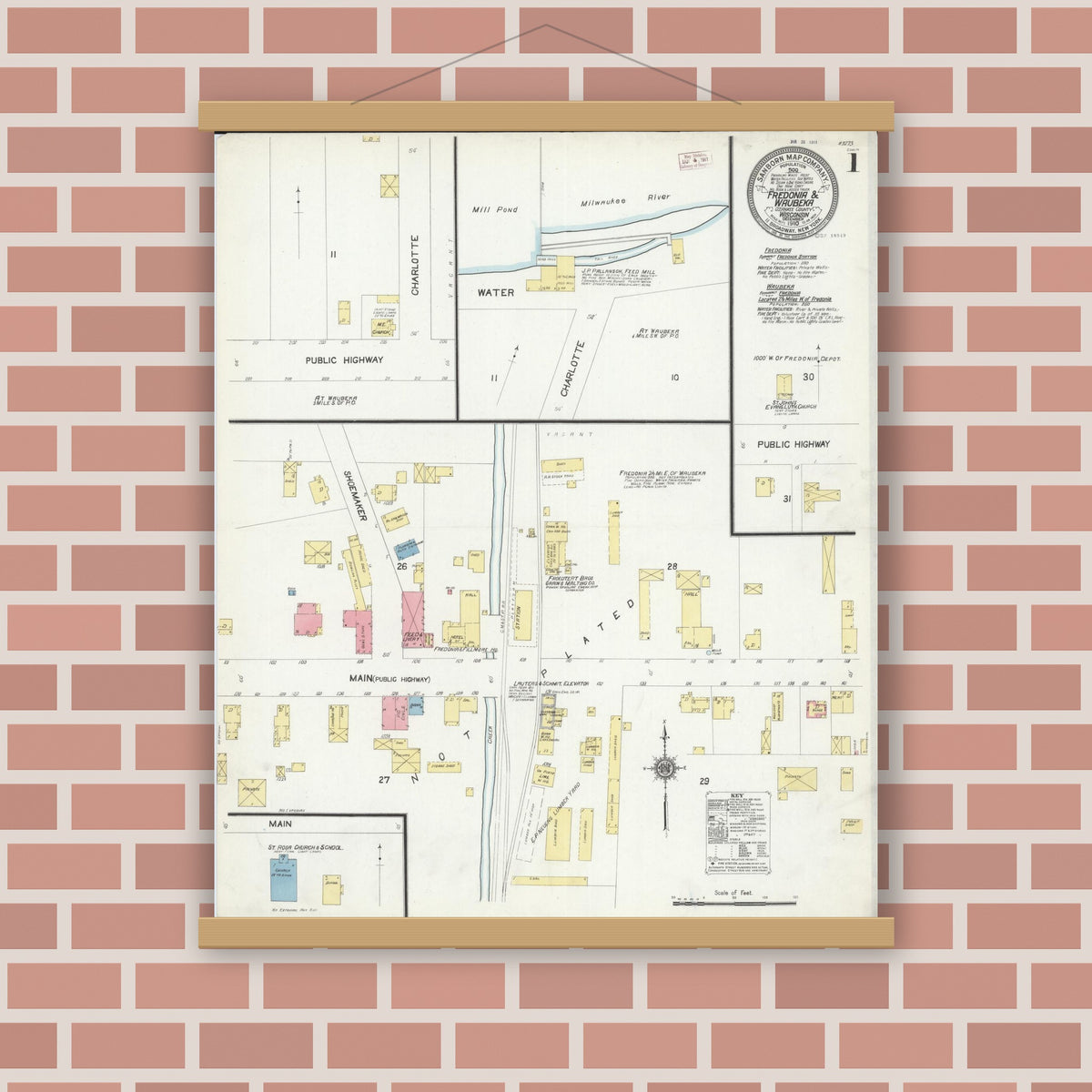 Old map wall art mockup — magnetic wood frame on brick wall — Sanborn Fire Insurance Map from Fredonia, Ozaukee County, Wisconsin (1910) - Complete Map Set