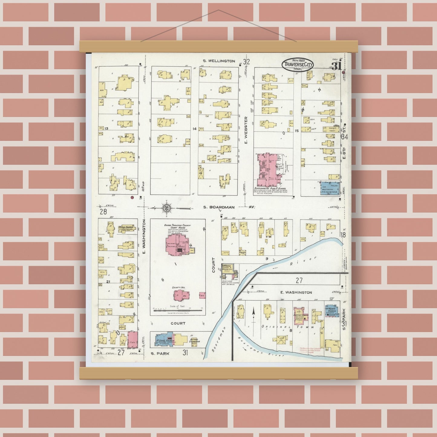 Old map wall art mockup — magnetic wood frame on brick wall — Sanborn Fire Insurance Map from Traverse City, Grand Traverse County, Michigan (1920), Sheet #0031