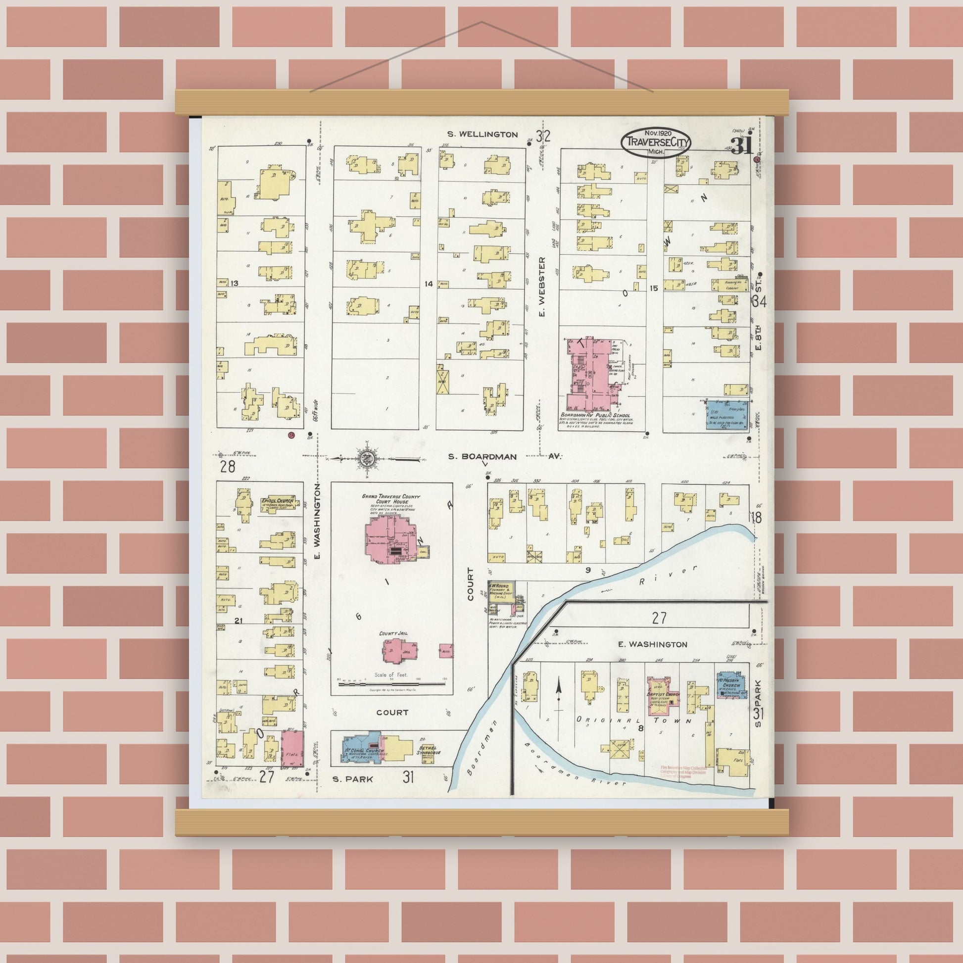 Old map wall art mockup — magnetic wood frame on brick wall — Sanborn Fire Insurance Map from Traverse City, Grand Traverse County, Michigan (1920), Sheet #0031
