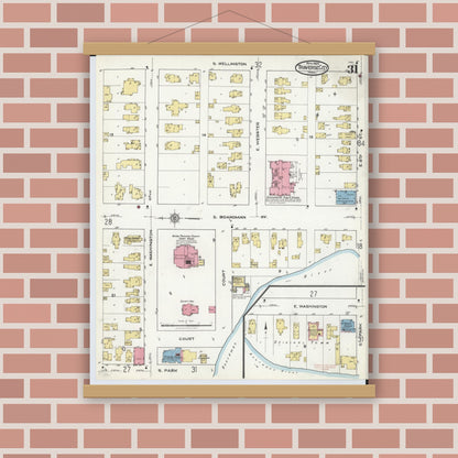 Old map wall art mockup — magnetic wood frame on brick wall — Sanborn Fire Insurance Map from Traverse City, Grand Traverse County, Michigan (1920), Sheet #0031