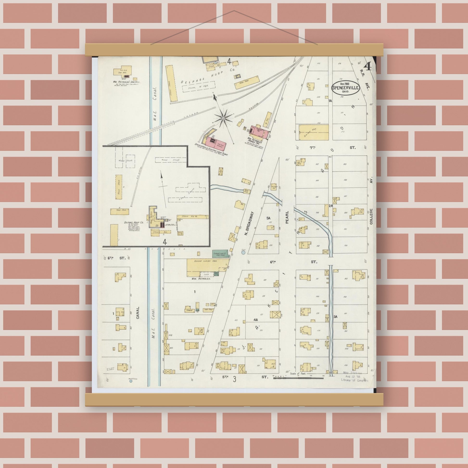 Old map wall art mockup — magnetic wood frame on brick wall — Sanborn Fire Insurance Map from Spencerville, Allen County, Ohio (1902), Sheet #0004