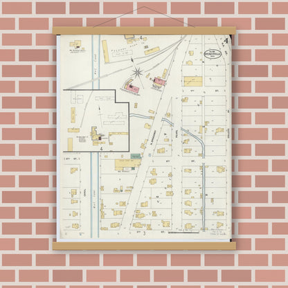 Old map wall art mockup — magnetic wood frame on brick wall — Sanborn Fire Insurance Map from Spencerville, Allen County, Ohio (1902), Sheet #0004