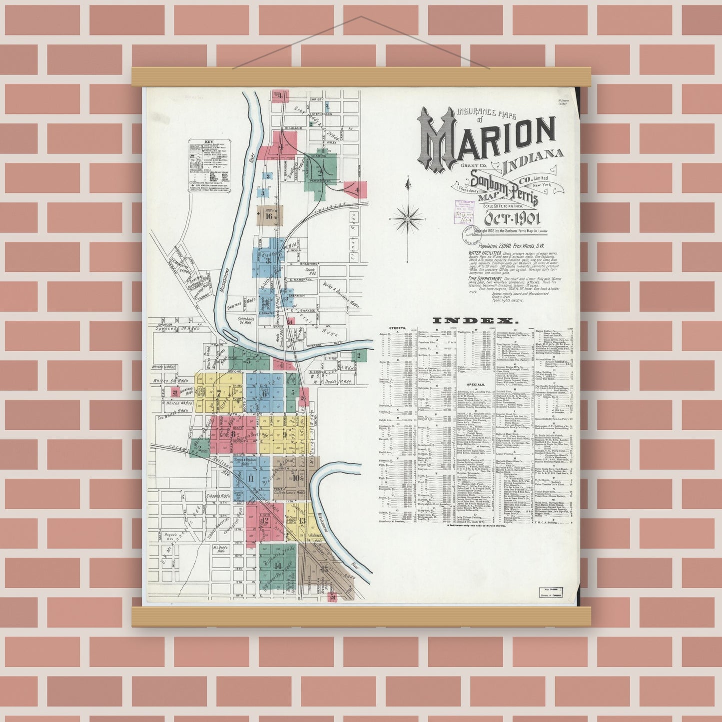 Old map wall art mockup — magnetic wood frame on brick wall — Sanborn Fire Insurance Map from Marion, Grant County, Indiana (1901), Sheet #0001