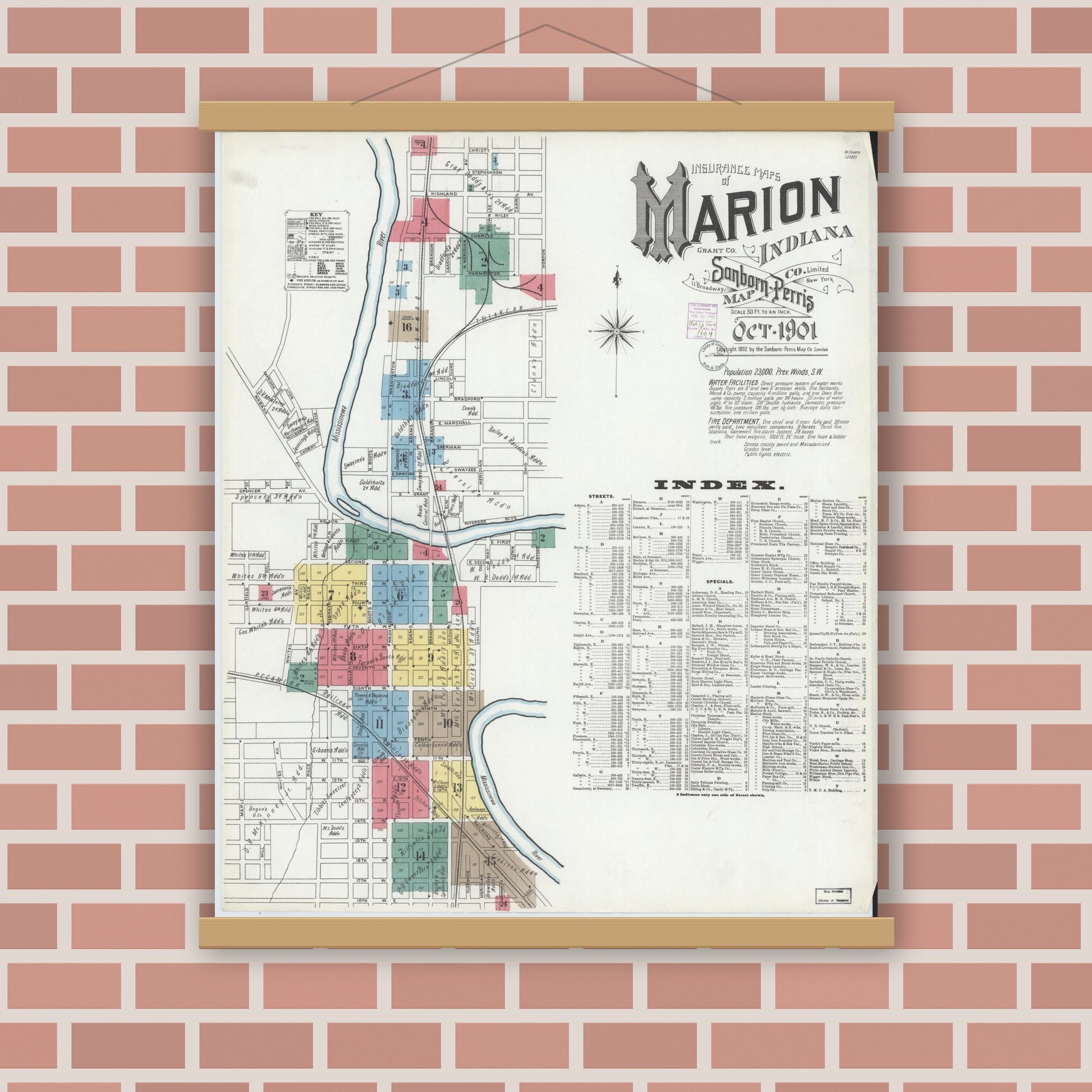 Old map wall art mockup — magnetic wood frame on brick wall — Sanborn Fire Insurance Map from Marion, Grant County, Indiana (1901), Sheet #0001