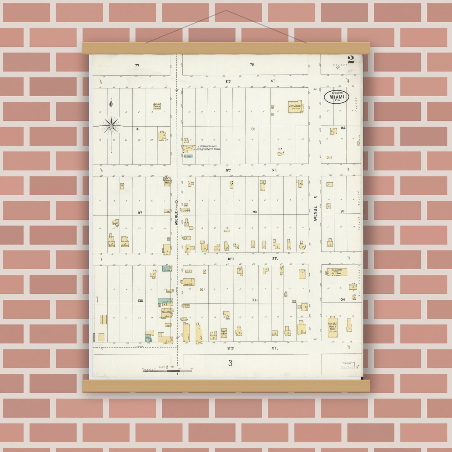 Old map wall art mockup — magnetic wood frame on brick wall — Sanborn Fire Insurance Map from Miami, Dade County, Florida (1899), Sheet #0002