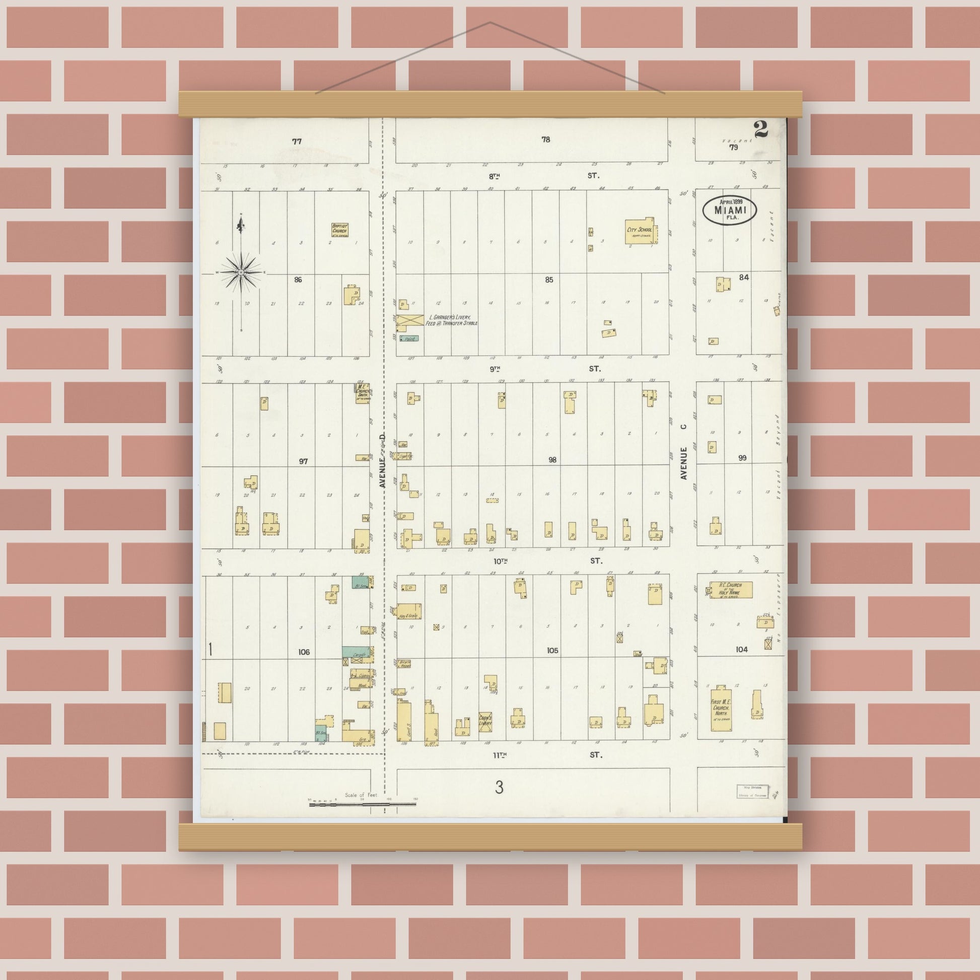 Old map wall art mockup — magnetic wood frame on brick wall — Sanborn Fire Insurance Map from Miami, Dade County, Florida (1899), Sheet #0002
