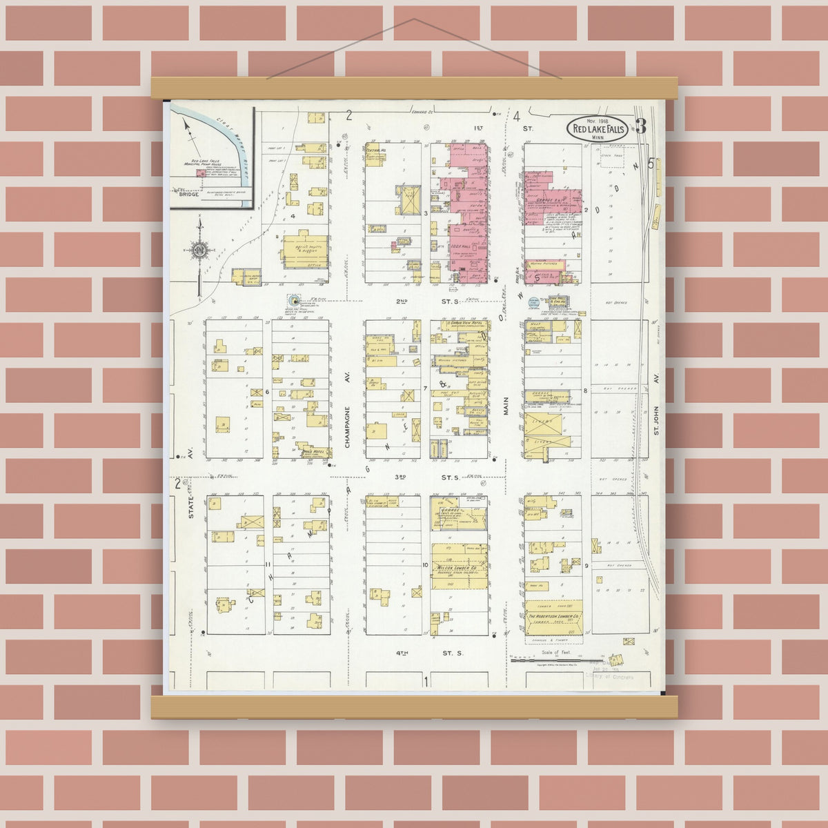 Old map wall art mockup — magnetic wood frame on brick wall — Sanborn Fire Insurance Map from Red Lake Falls, Red Lake County, Minnesota (1918), Sheet #0003