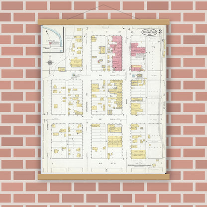 Old map wall art mockup — magnetic wood frame on brick wall — Sanborn Fire Insurance Map from Red Lake Falls, Red Lake County, Minnesota (1918), Sheet #0003