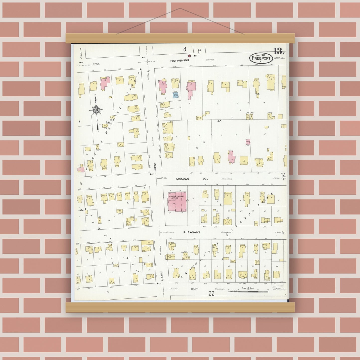 Old map wall art mockup — magnetic wood frame on brick wall — Sanborn Fire Insurance Map from Freeport, Stephenson County, Illinois (1910), Sheet #0013