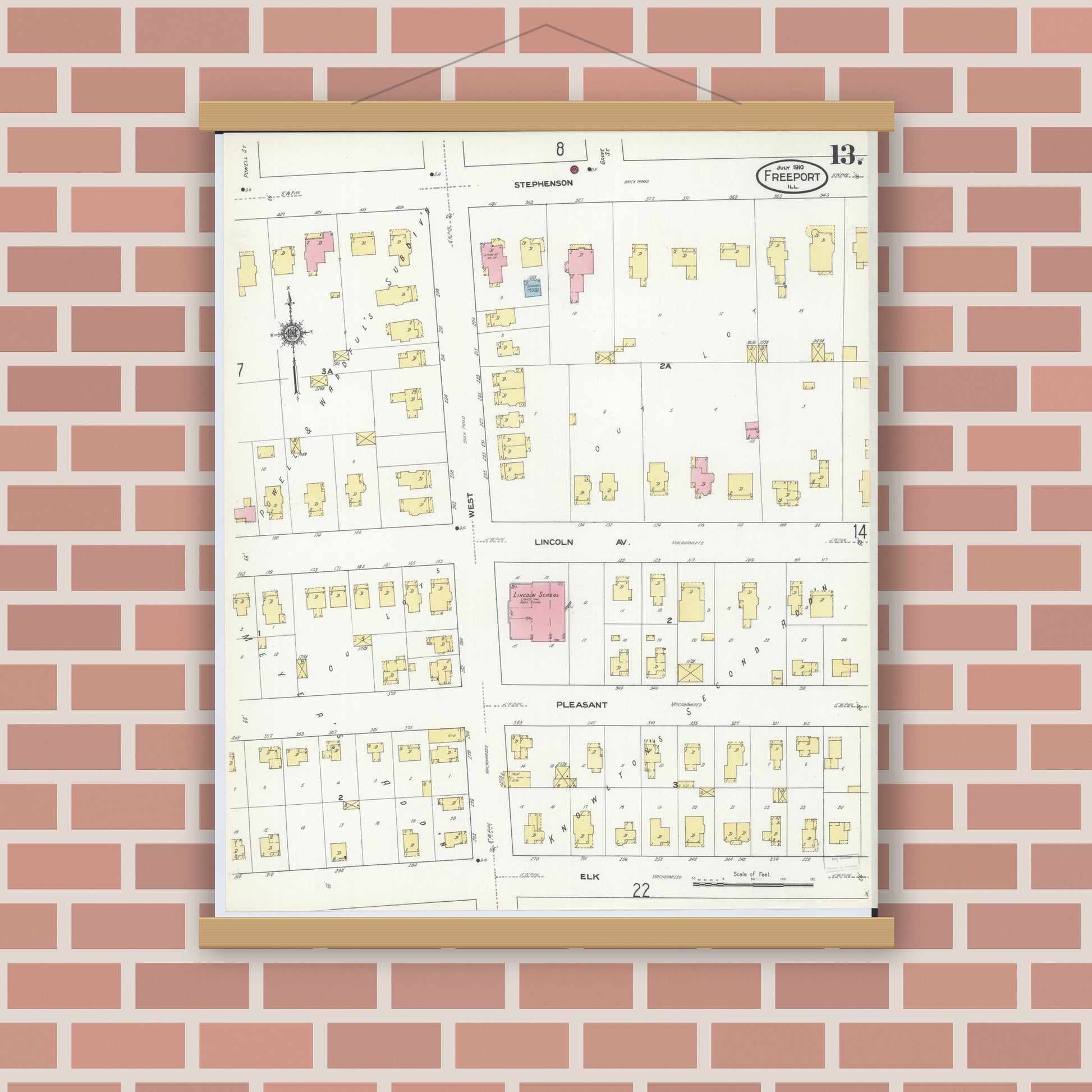 Old map wall art mockup — magnetic wood frame on brick wall — Sanborn Fire Insurance Map from Freeport, Stephenson County, Illinois (1910), Sheet #0013