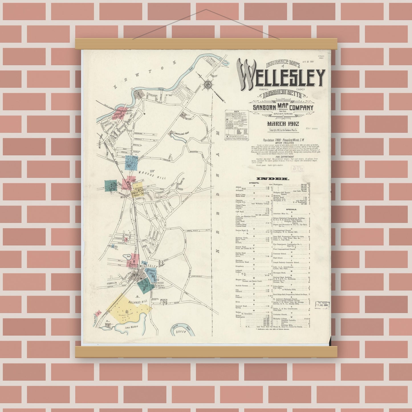 Old map wall art mockup — magnetic wood frame on brick wall — Sanborn Fire Insurance Map from Wellesley, Norfolk County, Massachusetts (1912) - Complete Map Set