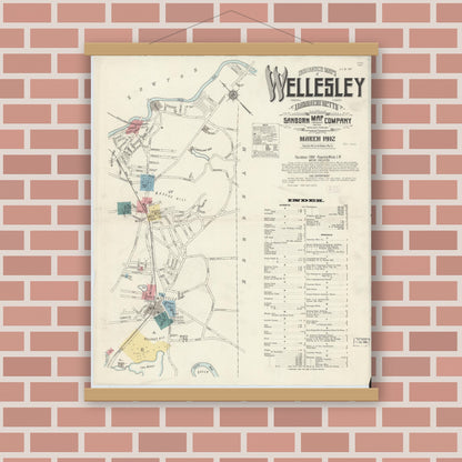 Old map wall art mockup — magnetic wood frame on brick wall — Sanborn Fire Insurance Map from Wellesley, Norfolk County, Massachusetts (1912) - Complete Map Set