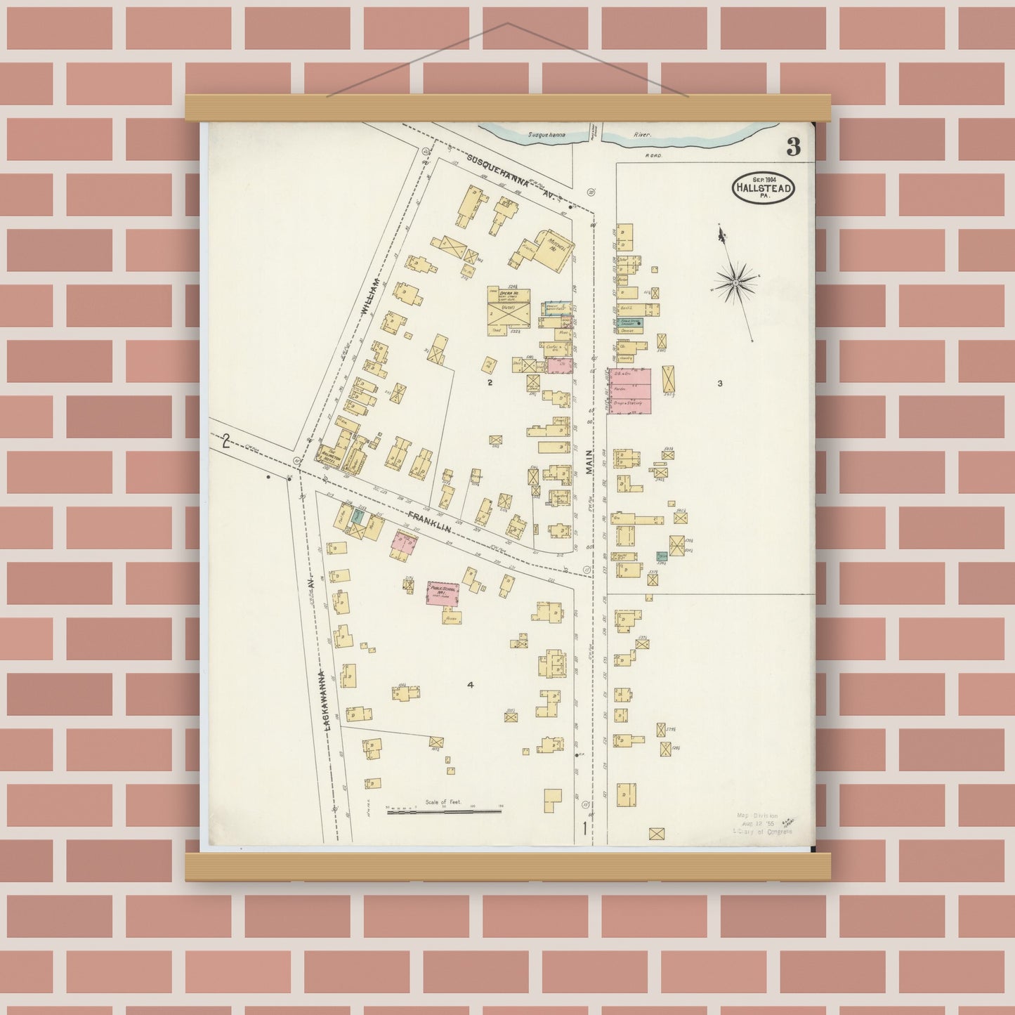 Old map wall art mockup — magnetic wood frame on brick wall — Sanborn Fire Insurance Map from Hallstead, Susquehanna County, Pennsylvania (1904), Sheet #0003