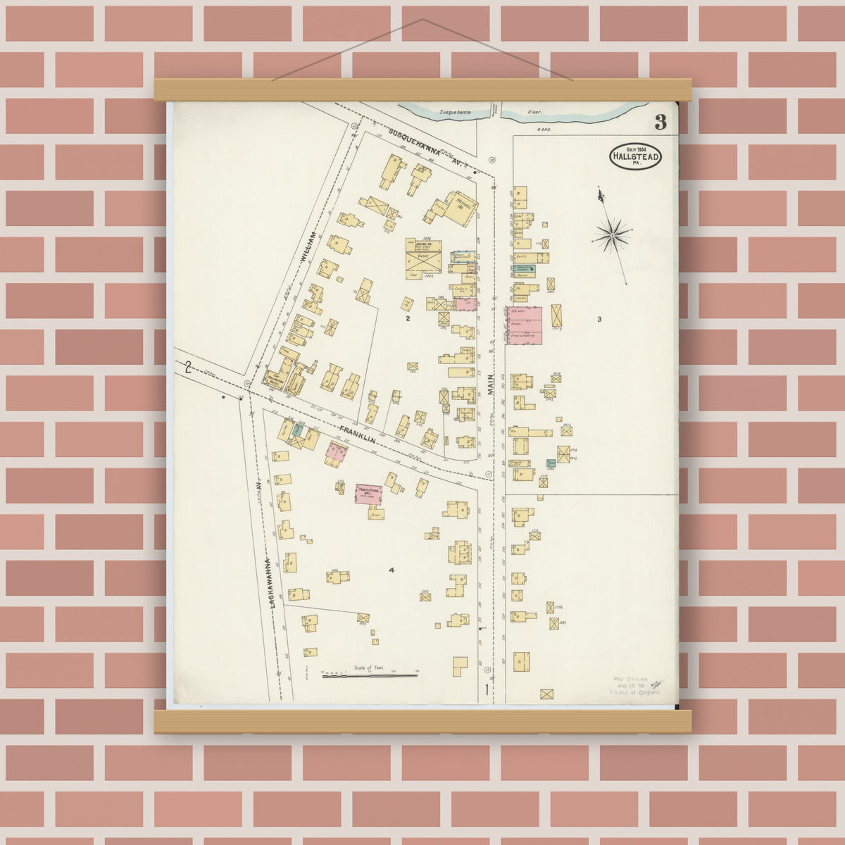 Old map wall art mockup — magnetic wood frame on brick wall — Sanborn Fire Insurance Map from Hallstead, Susquehanna County, Pennsylvania (1904), Sheet #0003