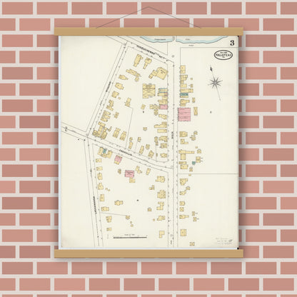 Old map wall art mockup — magnetic wood frame on brick wall — Sanborn Fire Insurance Map from Hallstead, Susquehanna County, Pennsylvania (1904), Sheet #0003