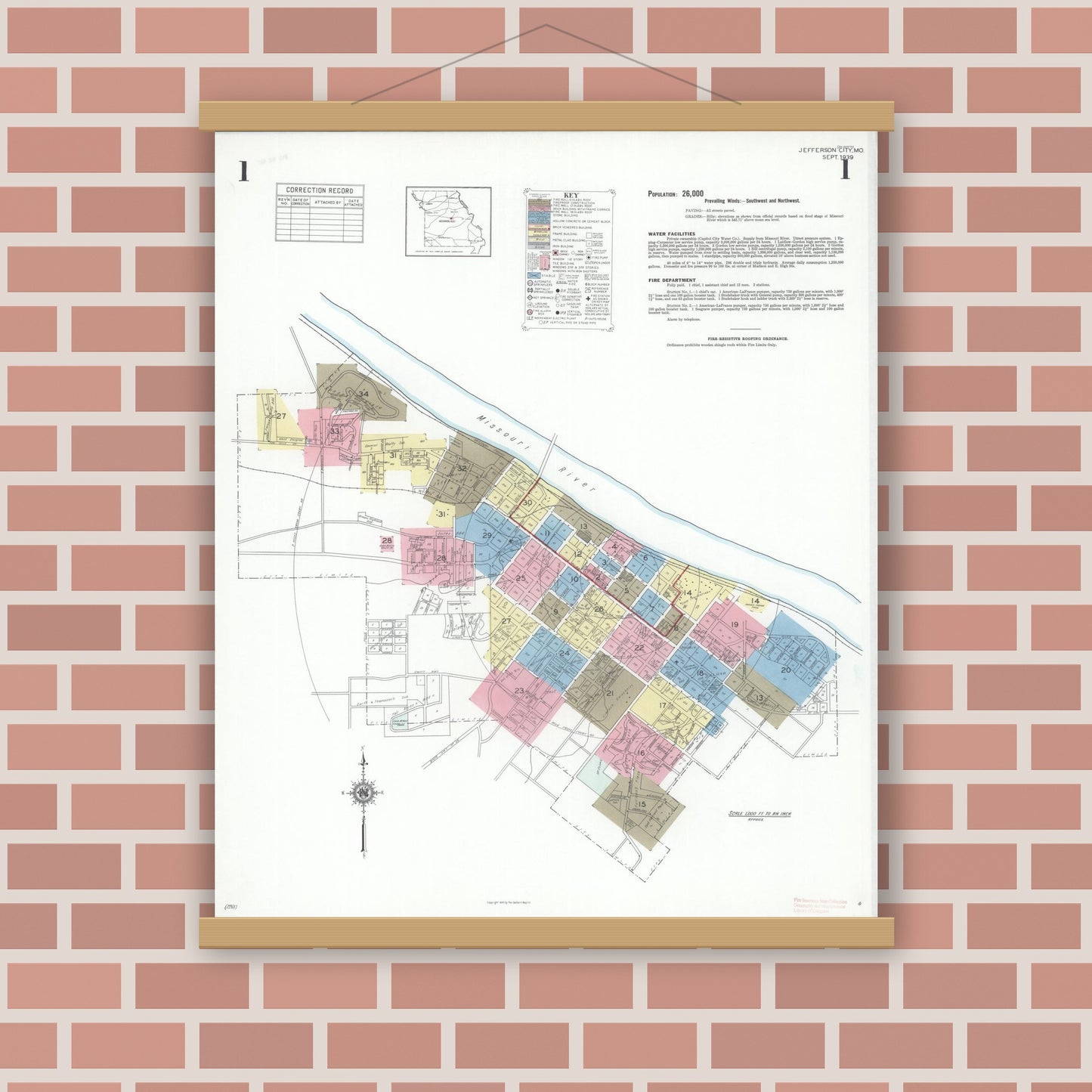Old map wall art mockup — magnetic wood frame on brick wall — Sanborn Fire Insurance Map from Jefferson City, Cole County, Missouri (1939), Sheet #0001