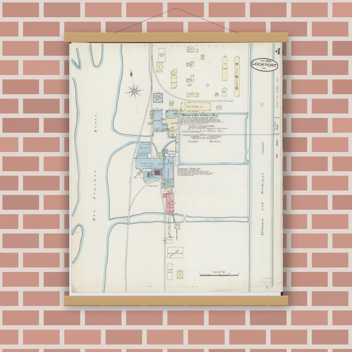 Old map wall art mockup — magnetic wood frame on brick wall — Sanborn Fire Insurance Map from Lockport, Will County, Illinois (1886), Sheet #0004