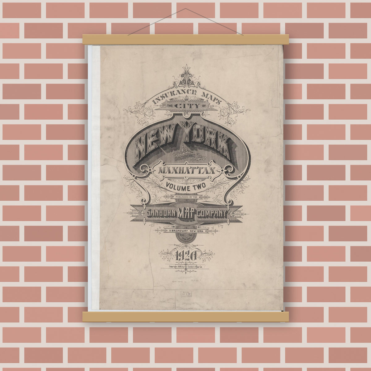 Old map wall art mockup — magnetic wood frame on brick wall — Sanborn Fire Insurance Map from New York, Bronx, Manhattan, New York (1920), Sheet #0001