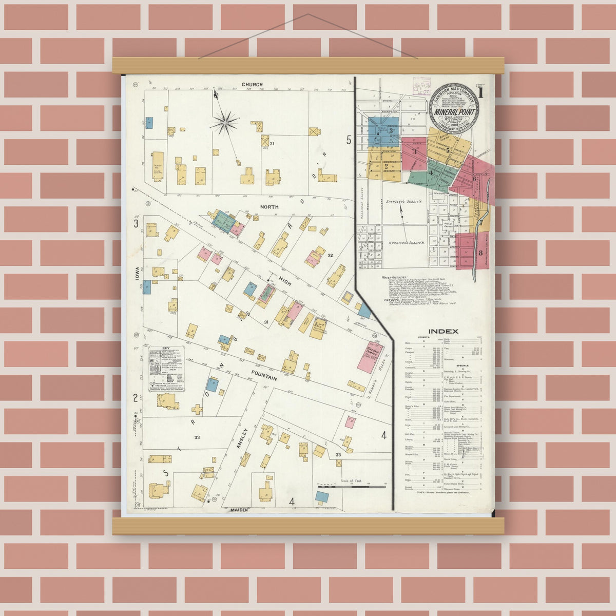 Old map wall art mockup — magnetic wood frame on brick wall — Sanborn Fire Insurance Map from Mineral Point, Iowa County, Wisconsin (1908), Sheet #0001