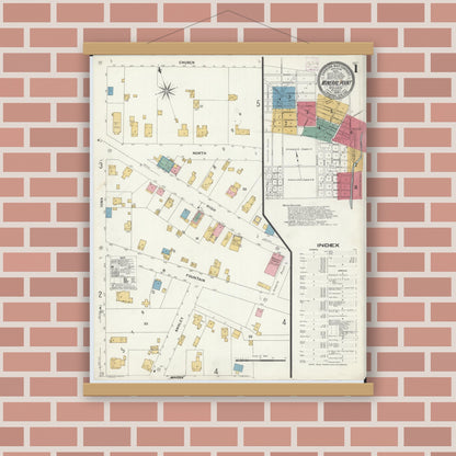 Old map wall art mockup — magnetic wood frame on brick wall — Sanborn Fire Insurance Map from Mineral Point, Iowa County, Wisconsin (1908), Sheet #0001