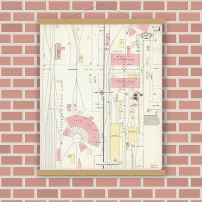 Old map wall art mockup — magnetic wood frame on brick wall — Sanborn Fire Insurance Map from Garrett, De Kalb County, Indiana (1914), Sheet #0003