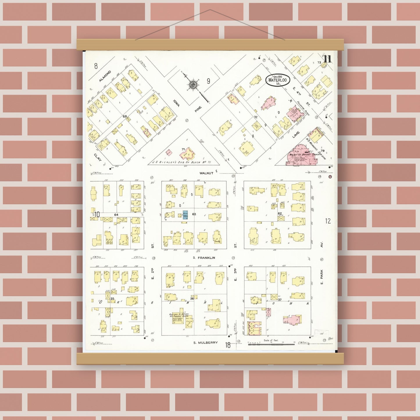 Old map wall art mockup — magnetic wood frame on brick wall — Sanborn Fire Insurance Map from Waterloo, Black Hawk County, Iowa (1910), Sheet #0011