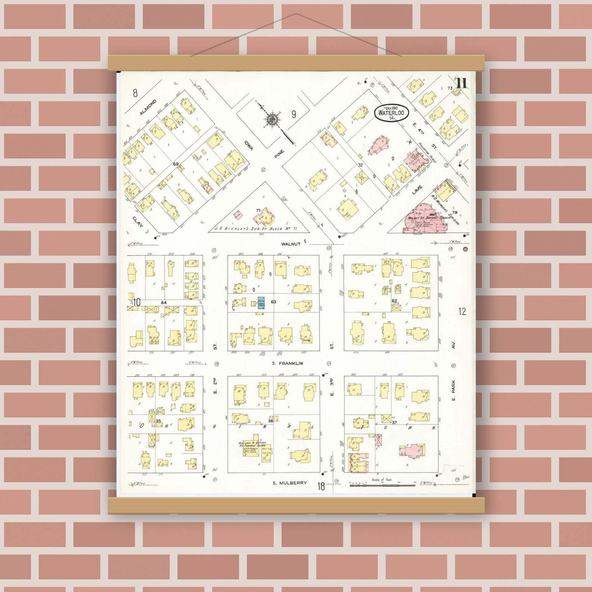 Old map wall art mockup — magnetic wood frame on brick wall — Sanborn Fire Insurance Map from Waterloo, Black Hawk County, Iowa (1910), Sheet #0011