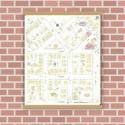 Old map wall art mockup — magnetic wood frame on brick wall — Sanborn Fire Insurance Map from Waterloo, Black Hawk County, Iowa (1910), Sheet #0011