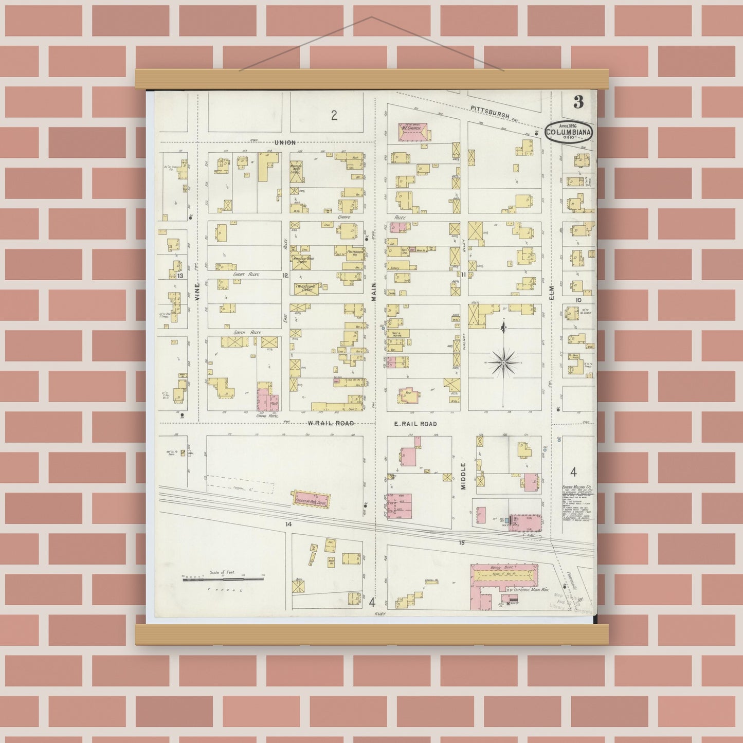 Old map wall art mockup — magnetic wood frame on brick wall — Sanborn Fire Insurance Map from Columbiana, Columbiana County, Ohio (1896), Sheet #0003