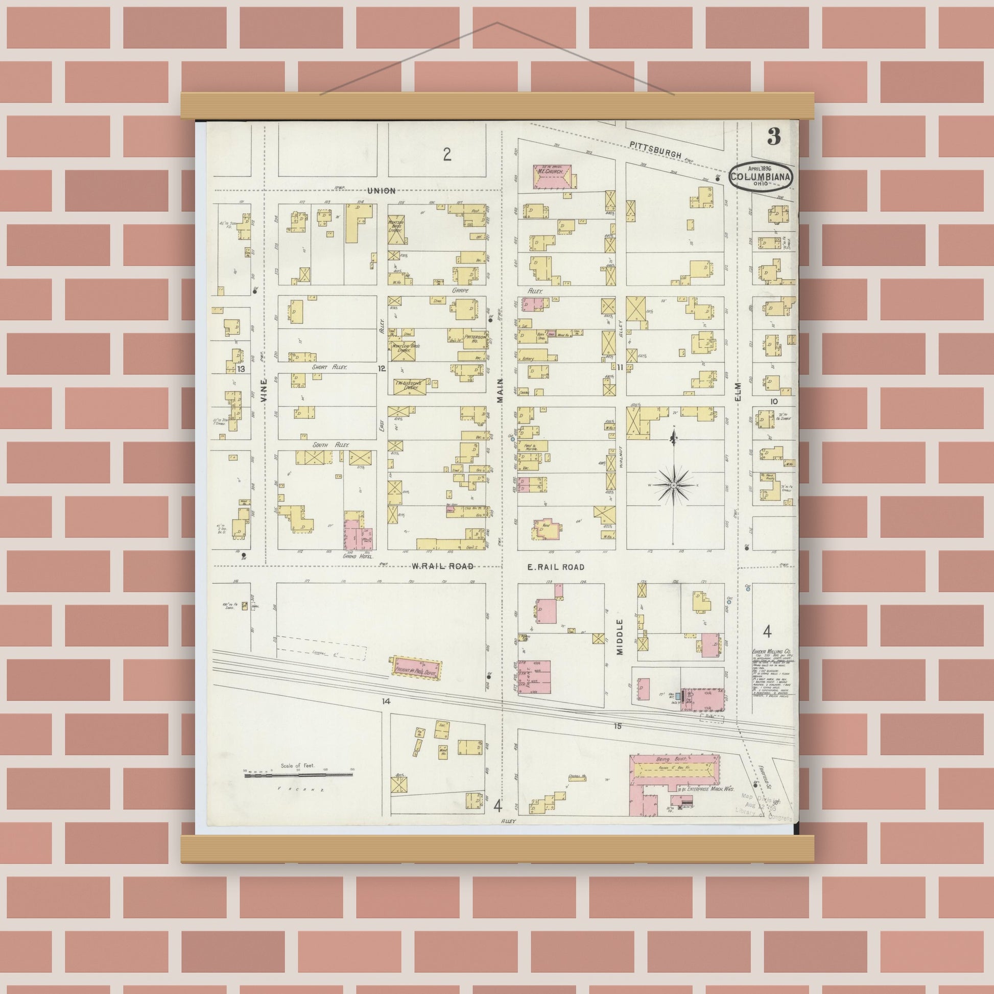 Old map wall art mockup — magnetic wood frame on brick wall — Sanborn Fire Insurance Map from Columbiana, Columbiana County, Ohio (1896), Sheet #0003