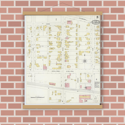 Old map wall art mockup — magnetic wood frame on brick wall — Sanborn Fire Insurance Map from Columbiana, Columbiana County, Ohio (1896), Sheet #0003