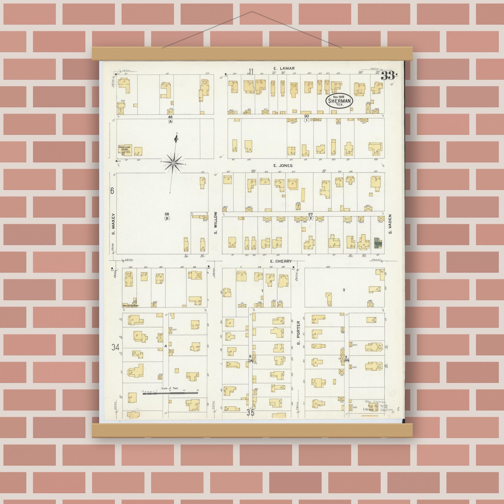 Old map wall art mockup — magnetic wood frame on brick wall — Sanborn Fire Insurance Map from Sherman, Grayson County, Texas (1908), Sheet #0033