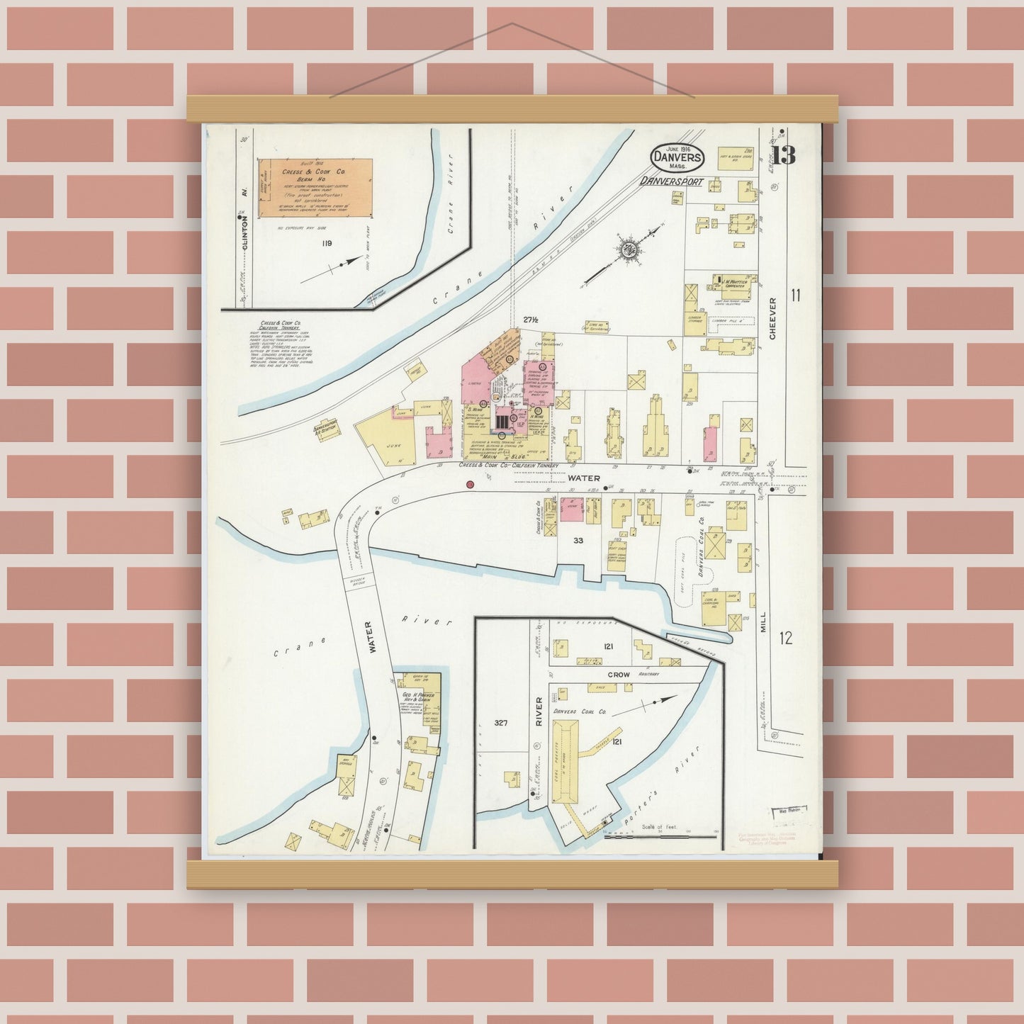 Old map wall art mockup — magnetic wood frame on brick wall — Sanborn Fire Insurance Map from Danvers, Essex County, Massachusetts (1916), Sheet #0013
