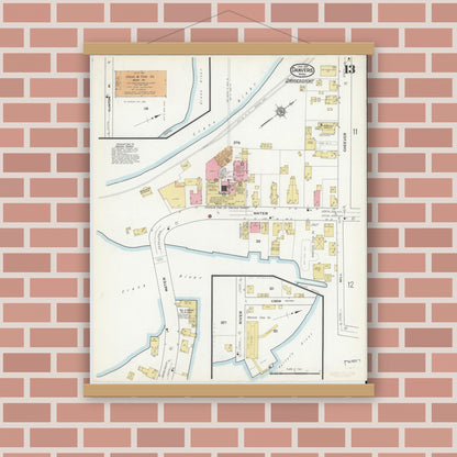 Old map wall art mockup — magnetic wood frame on brick wall — Sanborn Fire Insurance Map from Danvers, Essex County, Massachusetts (1916), Sheet #0013