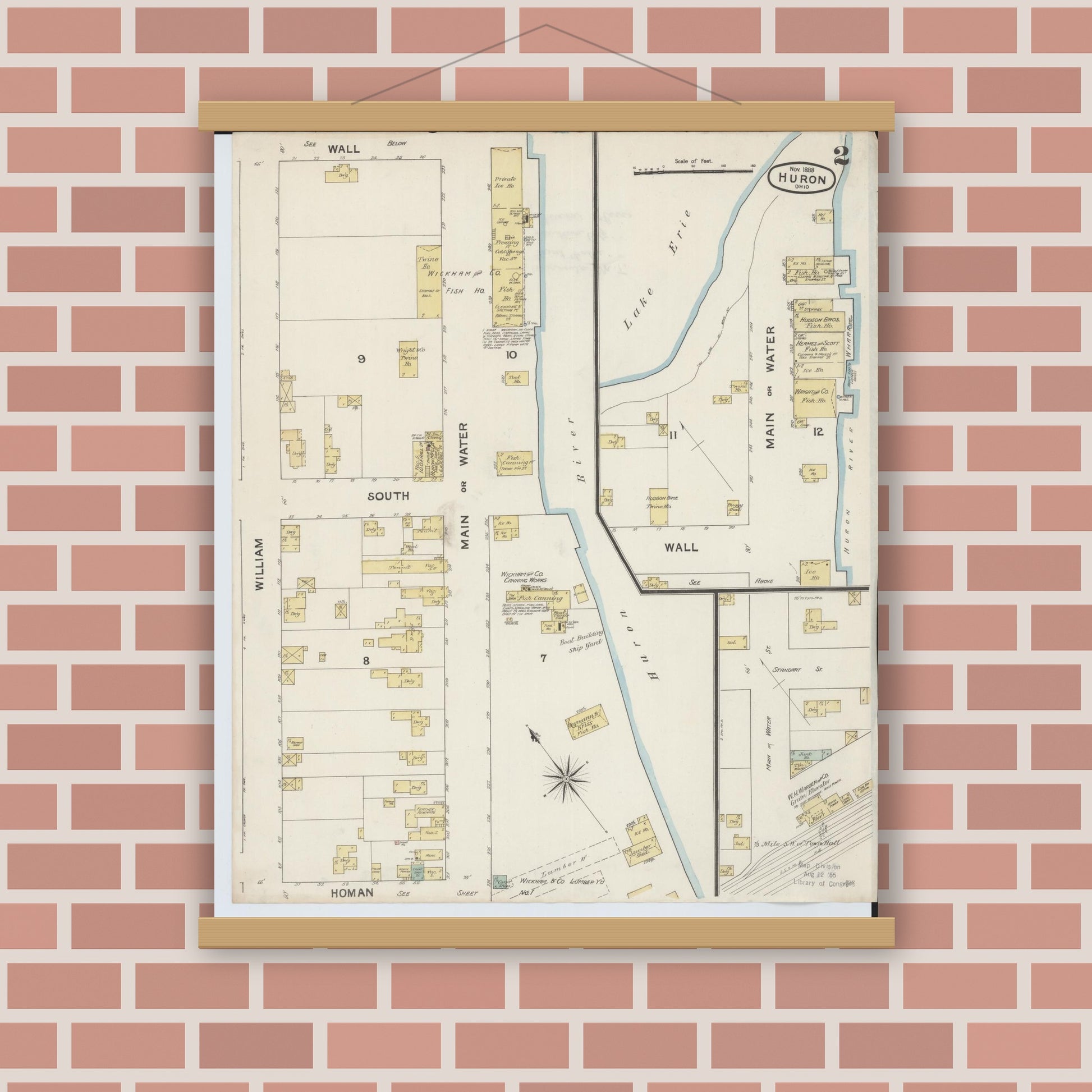 Old map wall art mockup — magnetic wood frame on brick wall — Sanborn Fire Insurance Map from Huron, Erie County, Ohio (1888), Sheet #0002