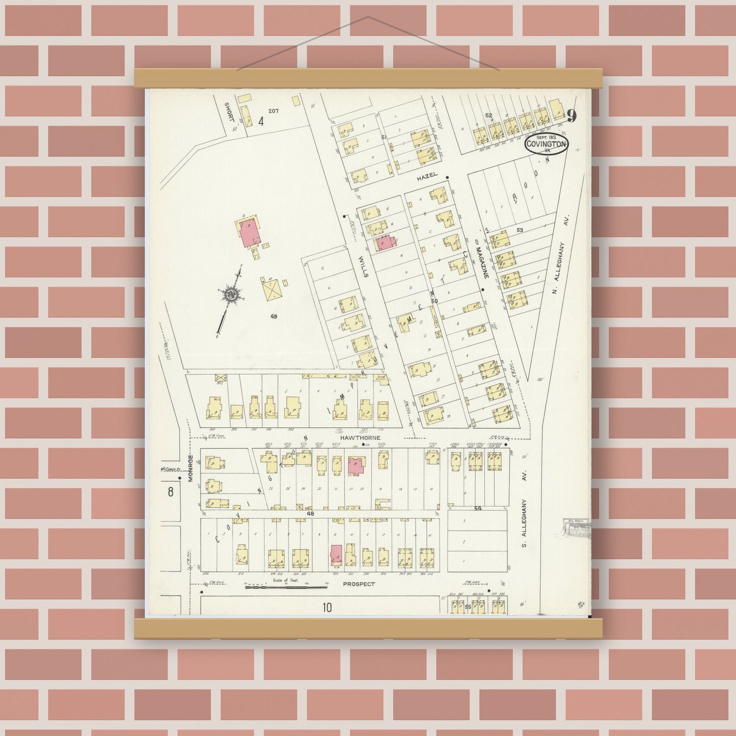 Old map wall art mockup — magnetic wood frame on brick wall — Sanborn Fire Insurance Map from Covington, Independent Cities, Virginia (1913), Sheet #0009