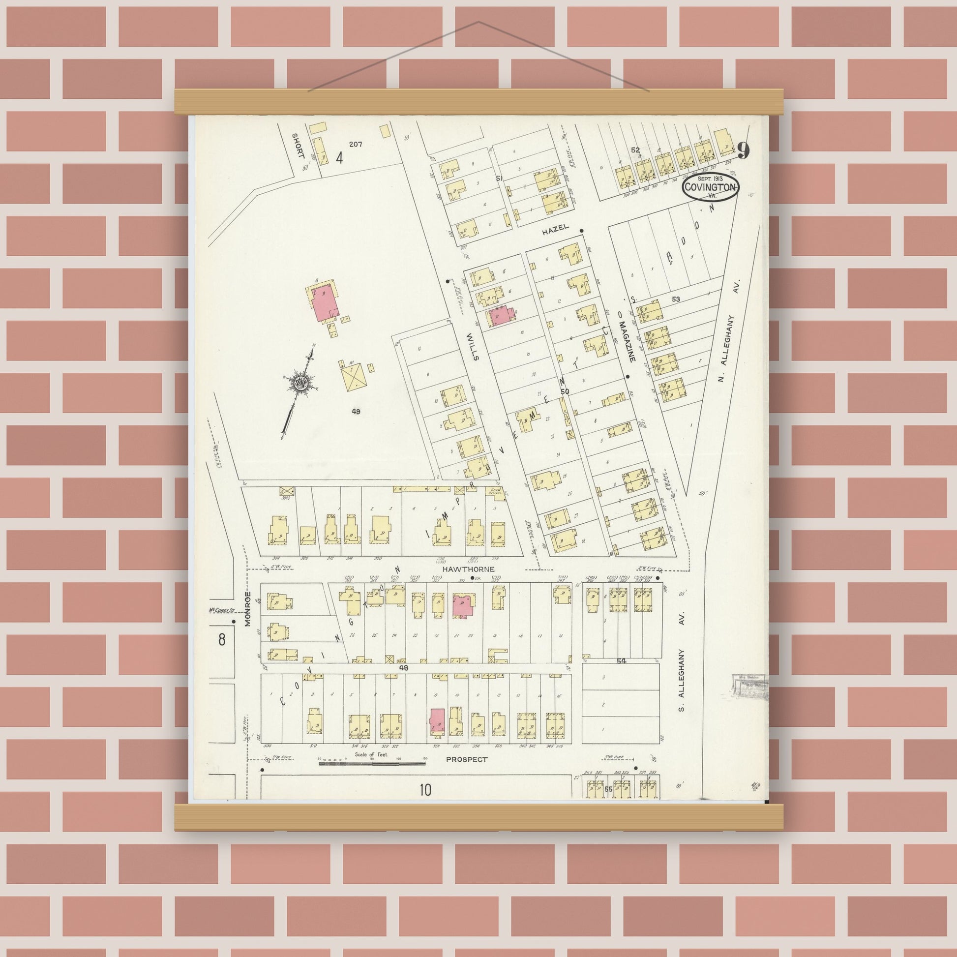 Old map wall art mockup — magnetic wood frame on brick wall — Sanborn Fire Insurance Map from Covington, Independent Cities, Virginia (1913), Sheet #0009