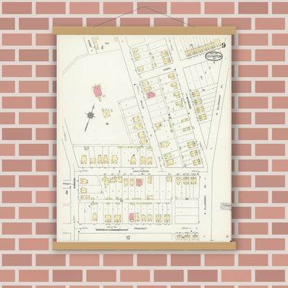 Old map wall art mockup — magnetic wood frame on brick wall — Sanborn Fire Insurance Map from Covington, Independent Cities, Virginia (1913), Sheet #0009
